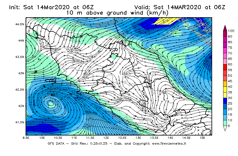 Mappa di analisi GFS - Velocità del vento a 10 metri dal suolo [km/h] in Centro-Italia
							del 14/03/2020 06 <!--googleoff: index-->UTC<!--googleon: index-->