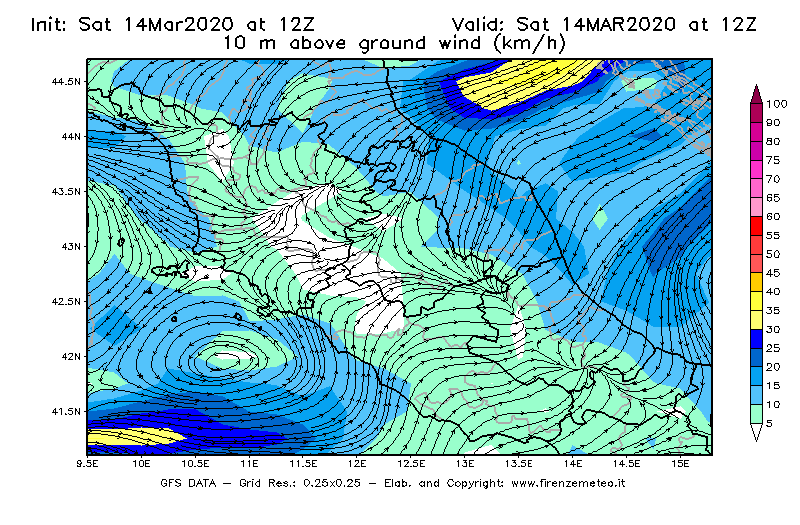 Mappa di analisi GFS - Velocità del vento a 10 metri dal suolo [km/h] in Centro-Italia
							del 14/03/2020 12 <!--googleoff: index-->UTC<!--googleon: index-->