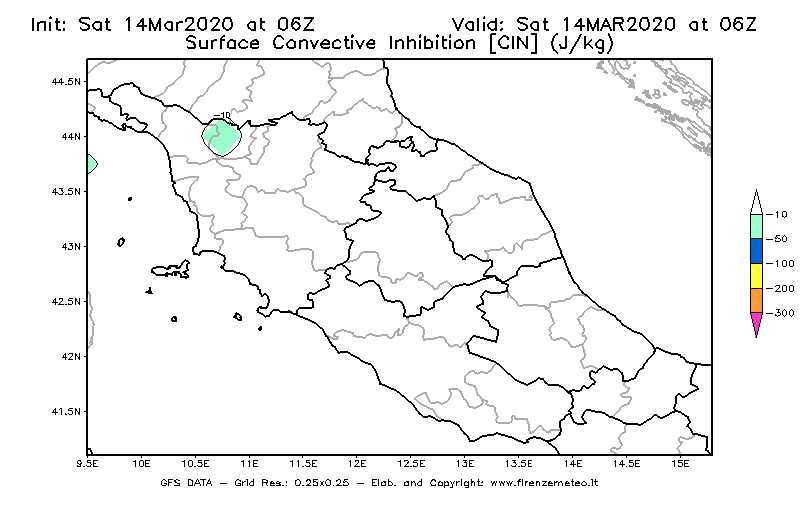 Mappa di analisi GFS - CIN [J/kg] in Centro-Italia
							del 14/03/2020 06 <!--googleoff: index-->UTC<!--googleon: index-->