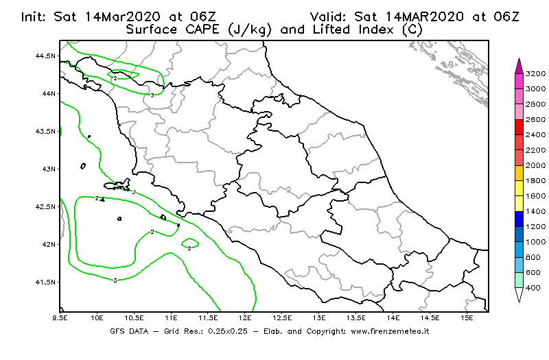 Mappa di analisi GFS - CAPE [J/kg] e Lifted Index [°C] in Centro-Italia
							del 14/03/2020 06 <!--googleoff: index-->UTC<!--googleon: index-->