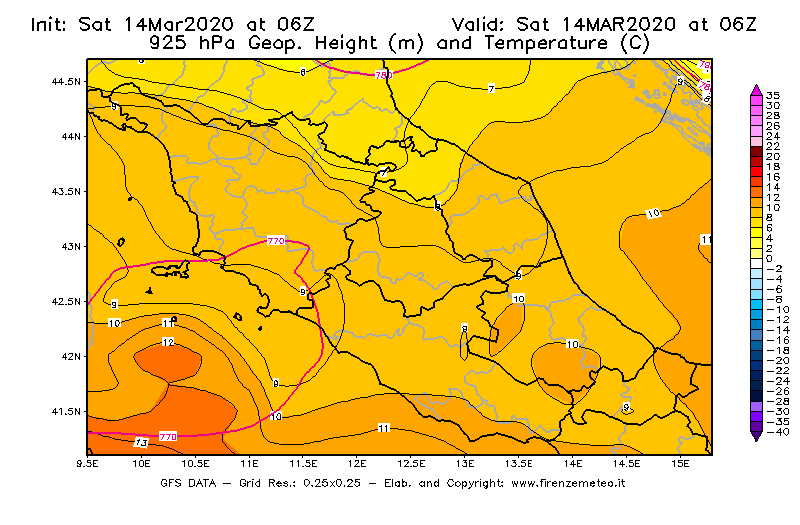 Mappa di analisi GFS - Geopotenziale [m] e Temperatura [°C] a 925 hPa in Centro-Italia
							del 14/03/2020 06 <!--googleoff: index-->UTC<!--googleon: index-->