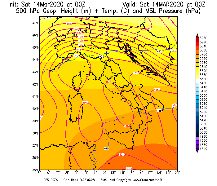 Mappa di analisi GFS - Geopotenziale [m] + Temp. [°C] a 500 hPa + Press. a livello del mare [hPa] in Italia
							del 14/03/2020 00 <!--googleoff: index-->UTC<!--googleon: index-->