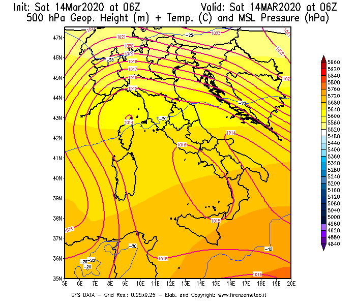 Mappa di analisi GFS - Geopotenziale [m] + Temp. [°C] a 500 hPa + Press. a livello del mare [hPa] in Italia
							del 14/03/2020 06 <!--googleoff: index-->UTC<!--googleon: index-->