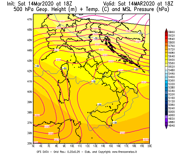 Mappa di analisi GFS - Geopotenziale [m] + Temp. [°C] a 500 hPa + Press. a livello del mare [hPa] in Italia
							del 14/03/2020 18 <!--googleoff: index-->UTC<!--googleon: index-->