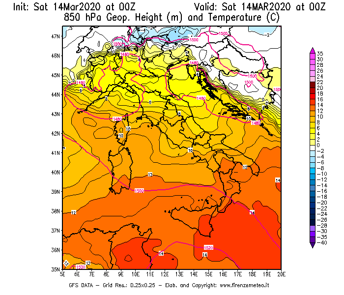 Mappa di analisi GFS - Geopotenziale [m] e Temperatura [°C] a 850 hPa in Italia
							del 14/03/2020 00 <!--googleoff: index-->UTC<!--googleon: index-->