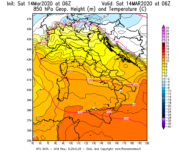 Mappa di analisi GFS - Geopotenziale [m] e Temperatura [°C] a 850 hPa in Italia
							del 14/03/2020 06 <!--googleoff: index-->UTC<!--googleon: index-->