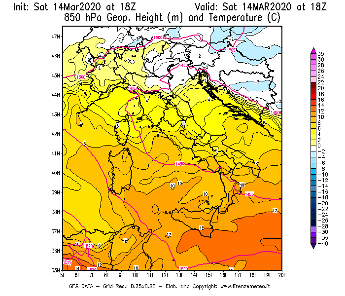 Mappa di analisi GFS - Geopotenziale [m] e Temperatura [°C] a 850 hPa in Italia
							del 14/03/2020 18 <!--googleoff: index-->UTC<!--googleon: index-->