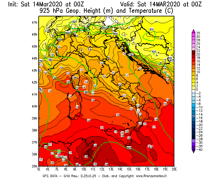 Mappa di analisi GFS - Geopotenziale [m] e Temperatura [°C] a 925 hPa in Italia
							del 14/03/2020 00 <!--googleoff: index-->UTC<!--googleon: index-->