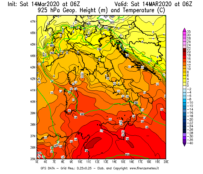 Mappa di analisi GFS - Geopotenziale [m] e Temperatura [°C] a 925 hPa in Italia
							del 14/03/2020 06 <!--googleoff: index-->UTC<!--googleon: index-->