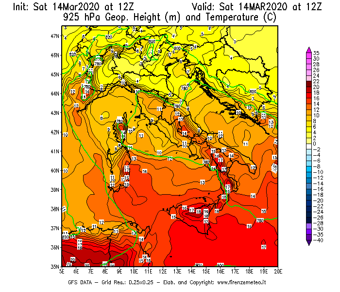 Mappa di analisi GFS - Geopotenziale [m] e Temperatura [°C] a 925 hPa in Italia
							del 14/03/2020 12 <!--googleoff: index-->UTC<!--googleon: index-->