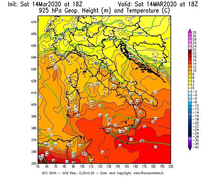 Mappa di analisi GFS - Geopotenziale [m] e Temperatura [°C] a 925 hPa in Italia
							del 14/03/2020 18 <!--googleoff: index-->UTC<!--googleon: index-->