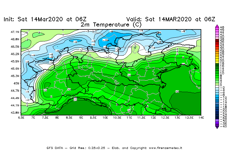 Mappa di analisi GFS - Temperatura a 2 metri dal suolo [°C] in Nord-Italia
							del 14/03/2020 06 <!--googleoff: index-->UTC<!--googleon: index-->