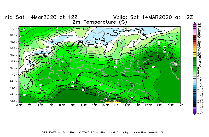 Mappa di analisi GFS - Temperatura a 2 metri dal suolo [°C] in Nord-Italia
							del 14/03/2020 12 <!--googleoff: index-->UTC<!--googleon: index-->