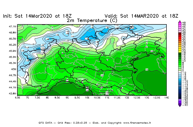 Mappa di analisi GFS - Temperatura a 2 metri dal suolo [°C] in Nord-Italia
							del 14/03/2020 18 <!--googleoff: index-->UTC<!--googleon: index-->