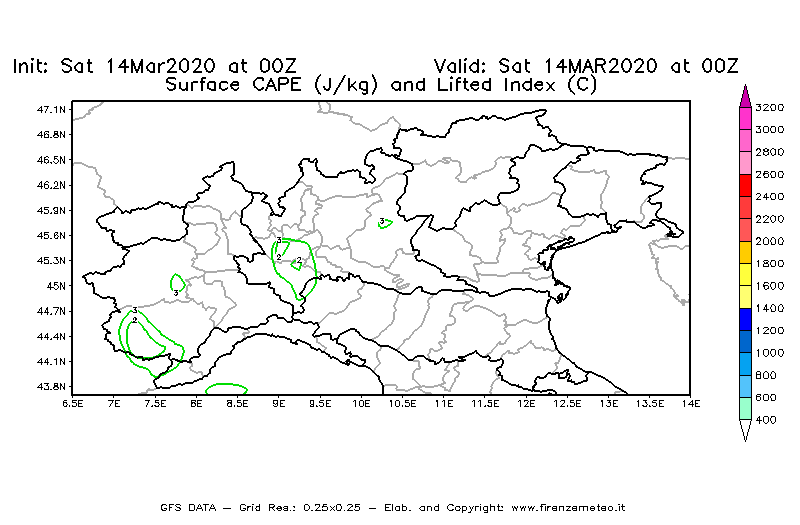 Mappa di analisi GFS - CAPE [J/kg] e Lifted Index [°C] in Nord-Italia
							del 14/03/2020 00 <!--googleoff: index-->UTC<!--googleon: index-->