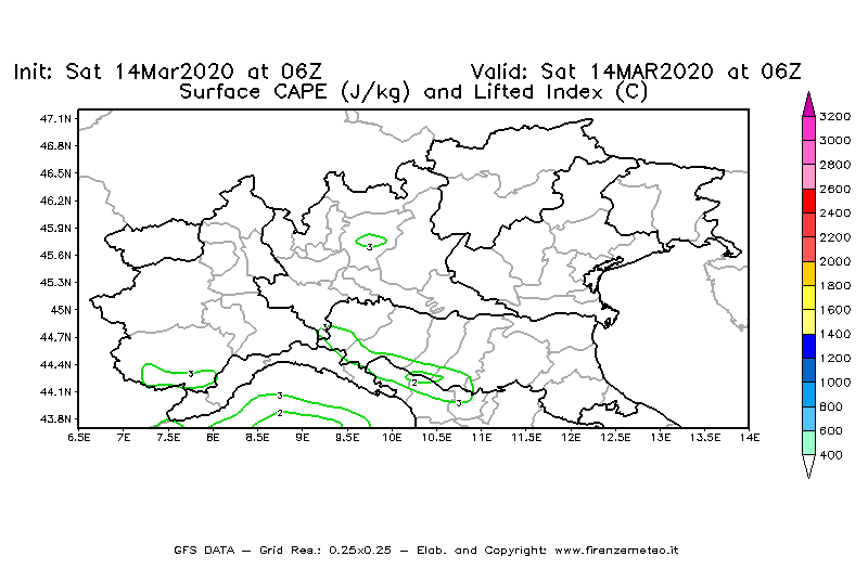 Mappa di analisi GFS - CAPE [J/kg] e Lifted Index [°C] in Nord-Italia
							del 14/03/2020 06 <!--googleoff: index-->UTC<!--googleon: index-->