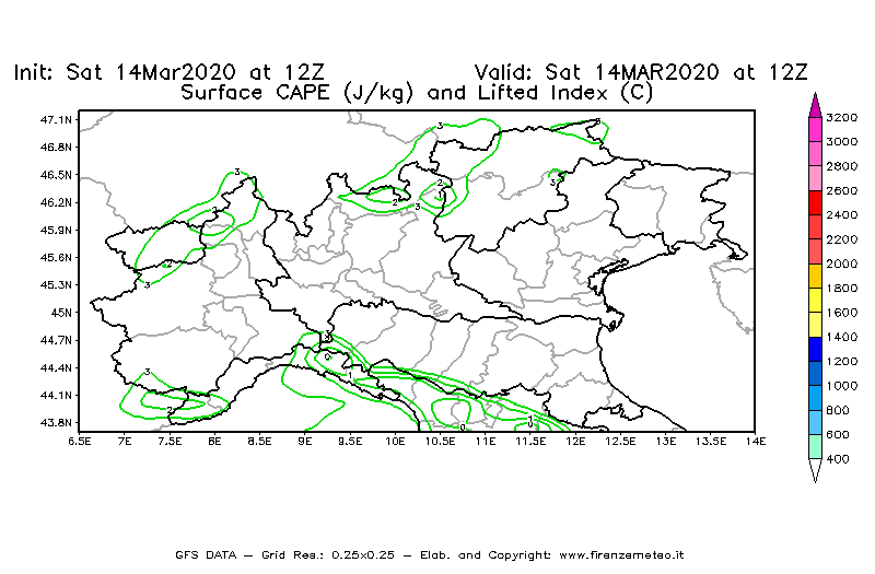 Mappa di analisi GFS - CAPE [J/kg] e Lifted Index [°C] in Nord-Italia
							del 14/03/2020 12 <!--googleoff: index-->UTC<!--googleon: index-->