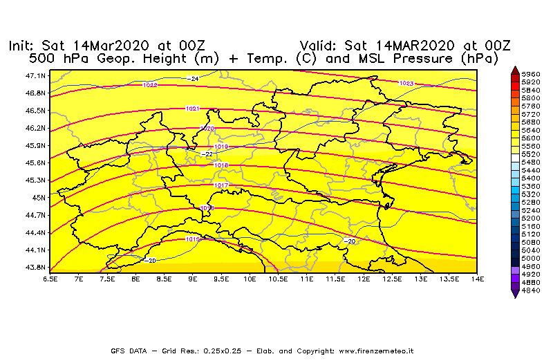 Mappa di analisi GFS - Geopotenziale [m] + Temp. [°C] a 500 hPa + Press. a livello del mare [hPa] in Nord-Italia
							del 14/03/2020 00 <!--googleoff: index-->UTC<!--googleon: index-->