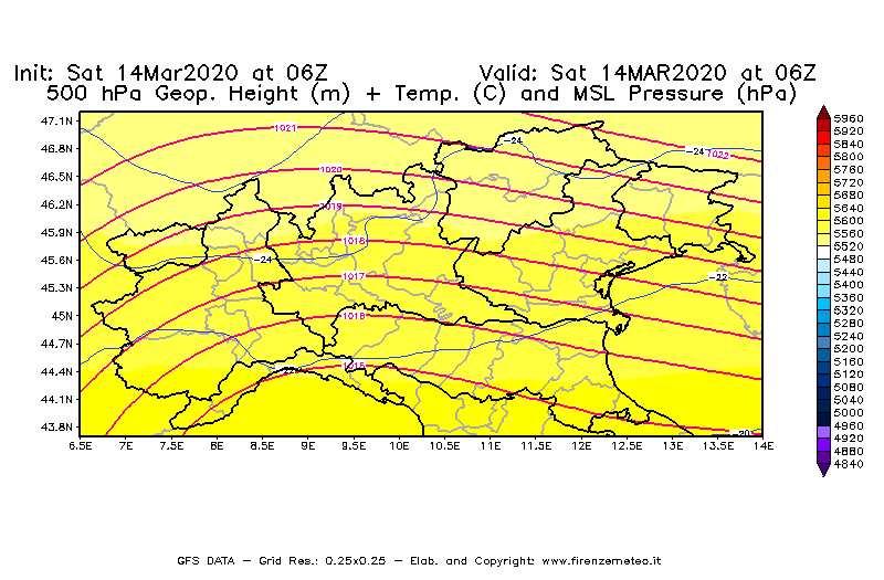 Mappa di analisi GFS - Geopotenziale [m] + Temp. [°C] a 500 hPa + Press. a livello del mare [hPa] in Nord-Italia
							del 14/03/2020 06 <!--googleoff: index-->UTC<!--googleon: index-->