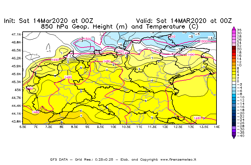 Mappa di analisi GFS - Geopotenziale [m] e Temperatura [°C] a 850 hPa in Nord-Italia
							del 14/03/2020 00 <!--googleoff: index-->UTC<!--googleon: index-->