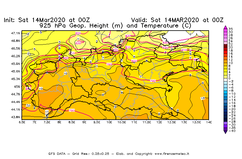 Mappa di analisi GFS - Geopotenziale [m] e Temperatura [°C] a 925 hPa in Nord-Italia
							del 14/03/2020 00 <!--googleoff: index-->UTC<!--googleon: index-->