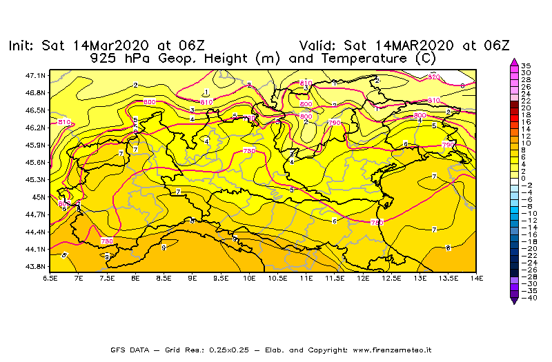 Mappa di analisi GFS - Geopotenziale [m] e Temperatura [°C] a 925 hPa in Nord-Italia
							del 14/03/2020 06 <!--googleoff: index-->UTC<!--googleon: index-->