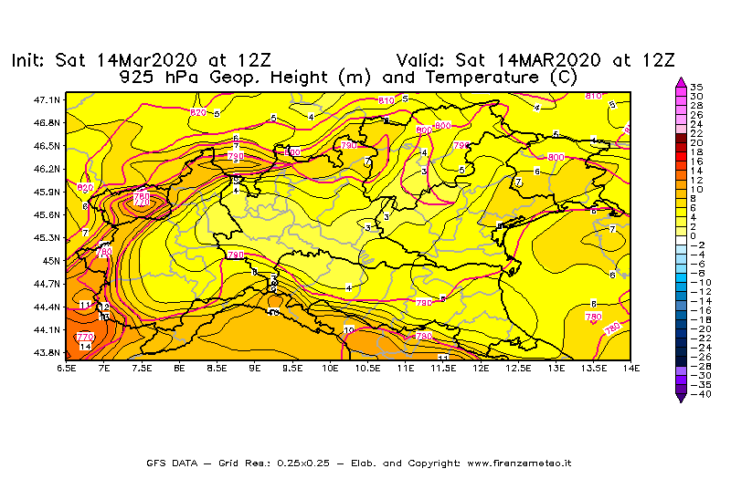 Mappa di analisi GFS - Geopotenziale [m] e Temperatura [°C] a 925 hPa in Nord-Italia
							del 14/03/2020 12 <!--googleoff: index-->UTC<!--googleon: index-->