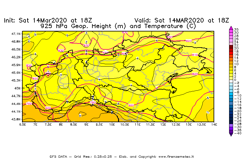 Mappa di analisi GFS - Geopotenziale [m] e Temperatura [°C] a 925 hPa in Nord-Italia
							del 14/03/2020 18 <!--googleoff: index-->UTC<!--googleon: index-->