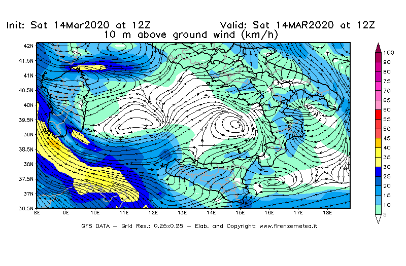 Mappa di analisi GFS - Velocità del vento a 10 metri dal suolo [km/h] in Sud-Italia
							del 14/03/2020 12 <!--googleoff: index-->UTC<!--googleon: index-->