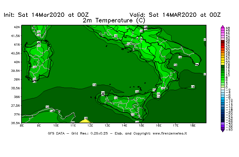 Mappa di analisi GFS - Temperatura a 2 metri dal suolo [°C] in Sud-Italia
							del 14/03/2020 00 <!--googleoff: index-->UTC<!--googleon: index-->