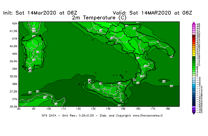 Mappa di analisi GFS - Temperatura a 2 metri dal suolo [°C] in Sud-Italia
							del 14/03/2020 06 <!--googleoff: index-->UTC<!--googleon: index-->