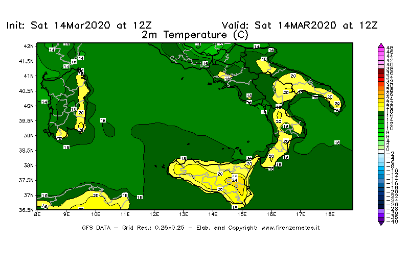 Mappa di analisi GFS - Temperatura a 2 metri dal suolo [°C] in Sud-Italia
							del 14/03/2020 12 <!--googleoff: index-->UTC<!--googleon: index-->