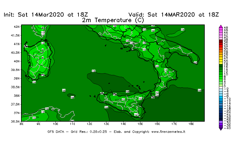 Mappa di analisi GFS - Temperatura a 2 metri dal suolo [°C] in Sud-Italia
							del 14/03/2020 18 <!--googleoff: index-->UTC<!--googleon: index-->