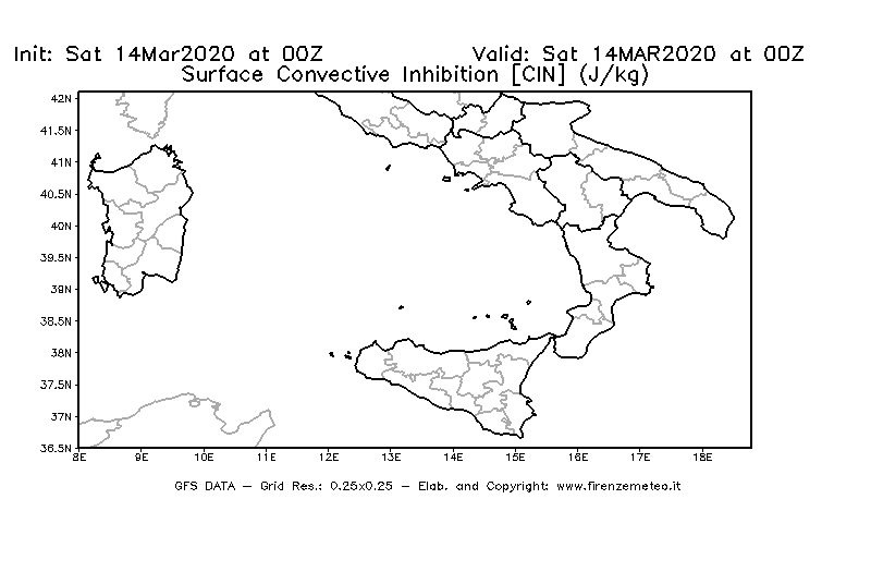 Mappa di analisi GFS - CIN [J/kg] in Sud-Italia
							del 14/03/2020 00 <!--googleoff: index-->UTC<!--googleon: index-->