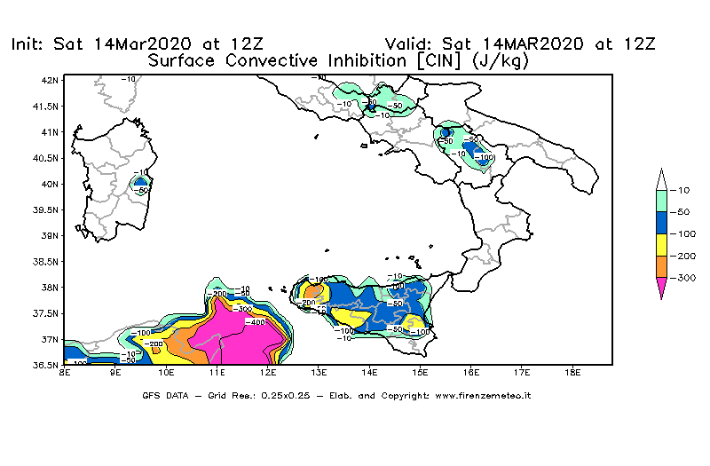 Mappa di analisi GFS - CIN [J/kg] in Sud-Italia
							del 14/03/2020 12 <!--googleoff: index-->UTC<!--googleon: index-->