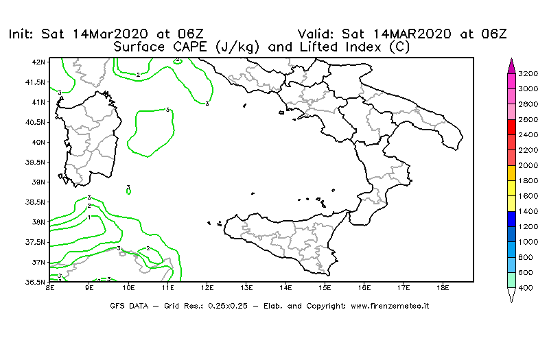 Mappa di analisi GFS - CAPE [J/kg] e Lifted Index [°C] in Sud-Italia
							del 14/03/2020 06 <!--googleoff: index-->UTC<!--googleon: index-->