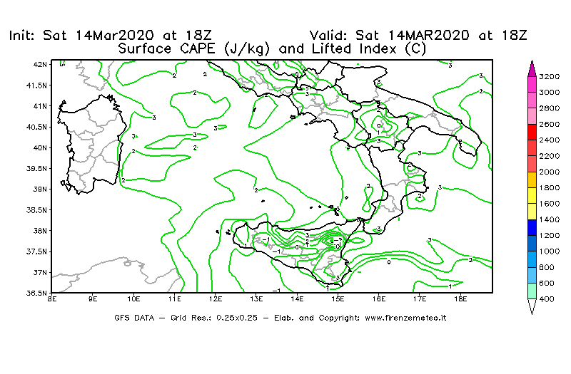 Mappa di analisi GFS - CAPE [J/kg] e Lifted Index [°C] in Sud-Italia
							del 14/03/2020 18 <!--googleoff: index-->UTC<!--googleon: index-->