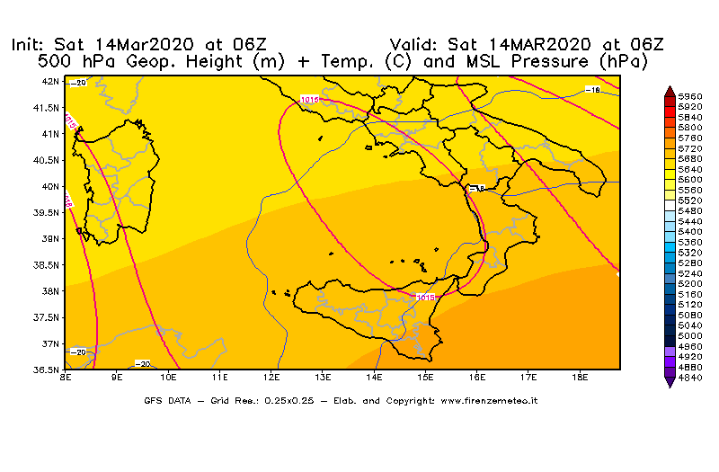 Mappa di analisi GFS - Geopotenziale [m] + Temp. [°C] a 500 hPa + Press. a livello del mare [hPa] in Sud-Italia
							del 14/03/2020 06 <!--googleoff: index-->UTC<!--googleon: index-->