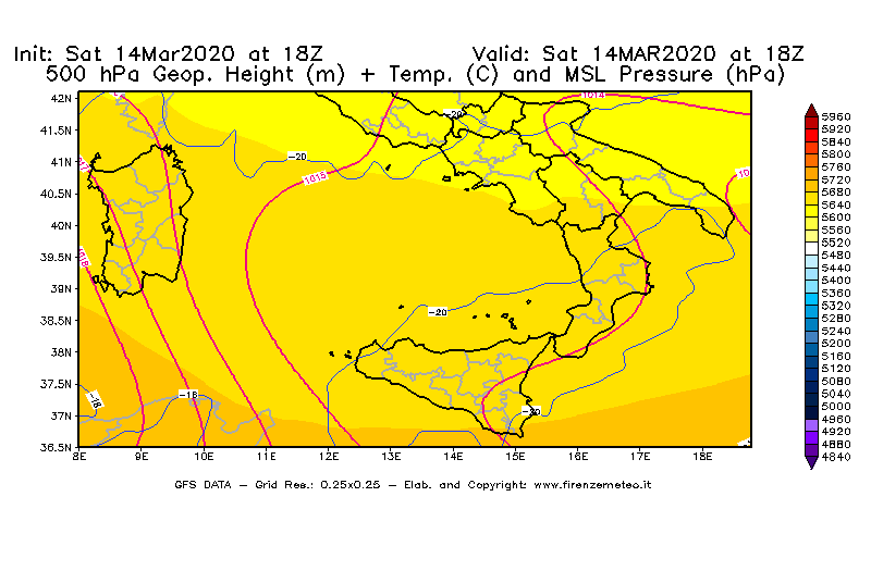 Mappa di analisi GFS - Geopotenziale [m] + Temp. [°C] a 500 hPa + Press. a livello del mare [hPa] in Sud-Italia
							del 14/03/2020 18 <!--googleoff: index-->UTC<!--googleon: index-->
