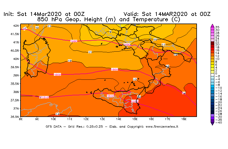 Mappa di analisi GFS - Geopotenziale [m] e Temperatura [°C] a 850 hPa in Sud-Italia
							del 14/03/2020 00 <!--googleoff: index-->UTC<!--googleon: index-->