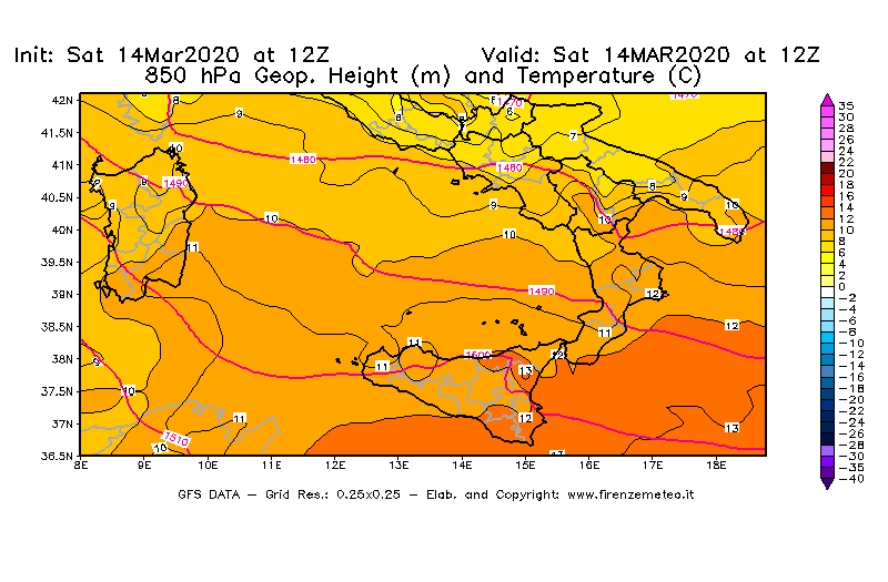 Mappa di analisi GFS - Geopotenziale [m] e Temperatura [°C] a 850 hPa in Sud-Italia
							del 14/03/2020 12 <!--googleoff: index-->UTC<!--googleon: index-->