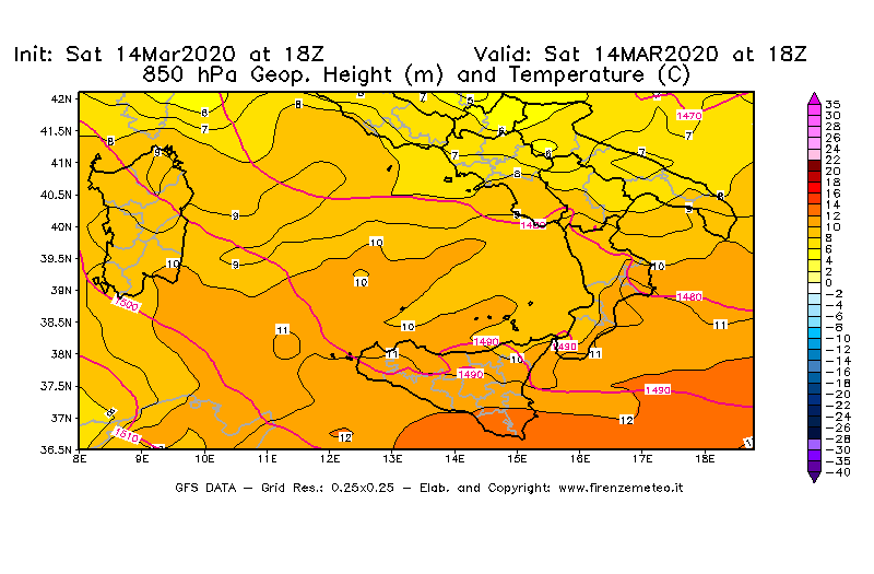 Mappa di analisi GFS - Geopotenziale [m] e Temperatura [°C] a 850 hPa in Sud-Italia
							del 14/03/2020 18 <!--googleoff: index-->UTC<!--googleon: index-->
