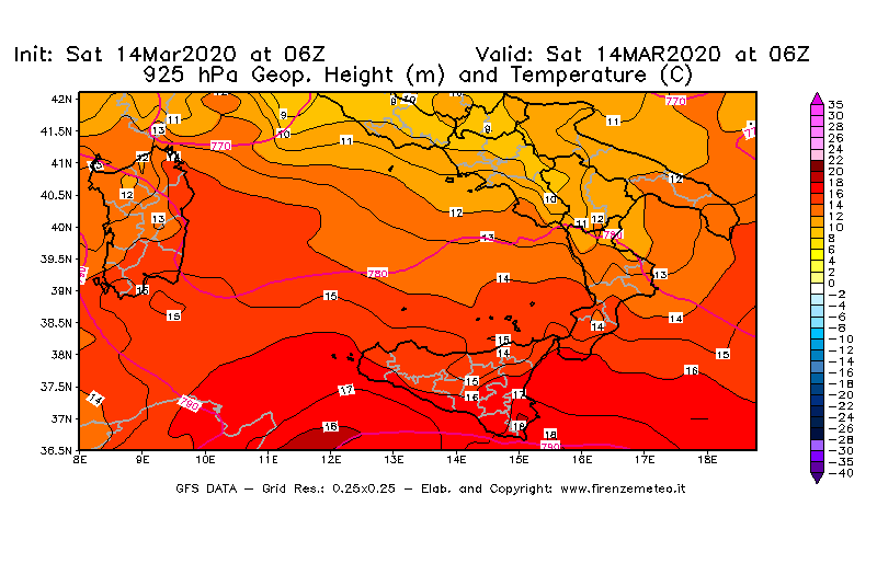 Mappa di analisi GFS - Geopotenziale [m] e Temperatura [°C] a 925 hPa in Sud-Italia
							del 14/03/2020 06 <!--googleoff: index-->UTC<!--googleon: index-->