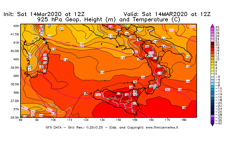 Mappa di analisi GFS - Geopotenziale [m] e Temperatura [°C] a 925 hPa in Sud-Italia
							del 14/03/2020 12 <!--googleoff: index-->UTC<!--googleon: index-->