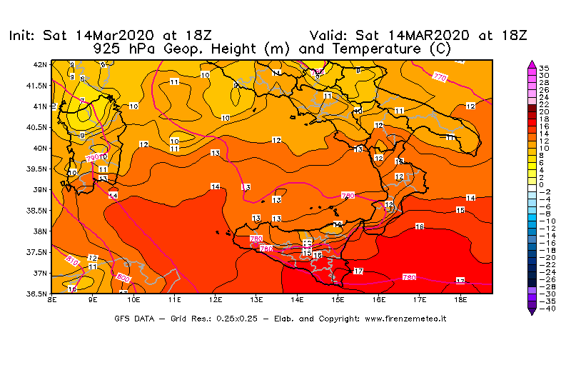 Mappa di analisi GFS - Geopotenziale [m] e Temperatura [°C] a 925 hPa in Sud-Italia
							del 14/03/2020 18 <!--googleoff: index-->UTC<!--googleon: index-->