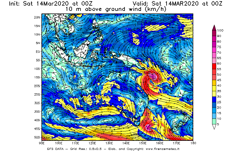 Mappa di analisi GFS - Velocità del vento a 10 metri dal suolo [km/h] in Oceania
							del 14/03/2020 00 <!--googleoff: index-->UTC<!--googleon: index-->