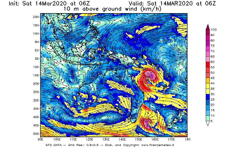 Mappa di analisi GFS - Velocità del vento a 10 metri dal suolo [km/h] in Oceania
							del 14/03/2020 06 <!--googleoff: index-->UTC<!--googleon: index-->