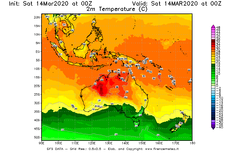 Mappa di analisi GFS - Temperatura a 2 metri dal suolo [°C] in Oceania
							del 14/03/2020 00 <!--googleoff: index-->UTC<!--googleon: index-->