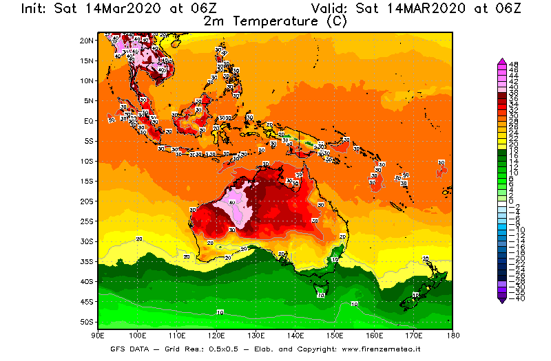Mappa di analisi GFS - Temperatura a 2 metri dal suolo [°C] in Oceania
							del 14/03/2020 06 <!--googleoff: index-->UTC<!--googleon: index-->