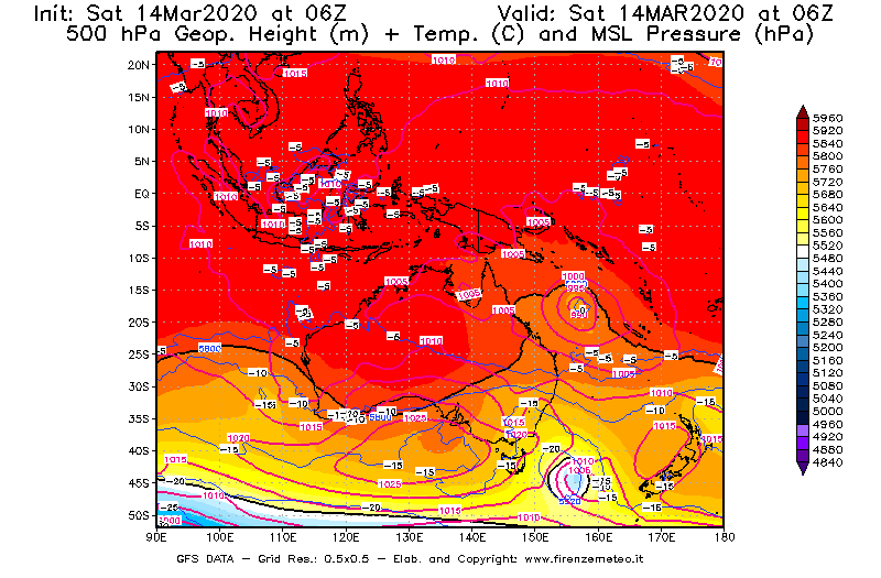 Mappa di analisi GFS - Geopotenziale [m] + Temp. [°C] a 500 hPa + Press. a livello del mare [hPa] in Oceania
							del 14/03/2020 06 <!--googleoff: index-->UTC<!--googleon: index-->